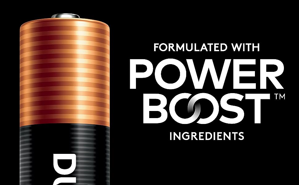 Magnified Coppertop AA battery with text: Formulated with Power Boost Ingredients