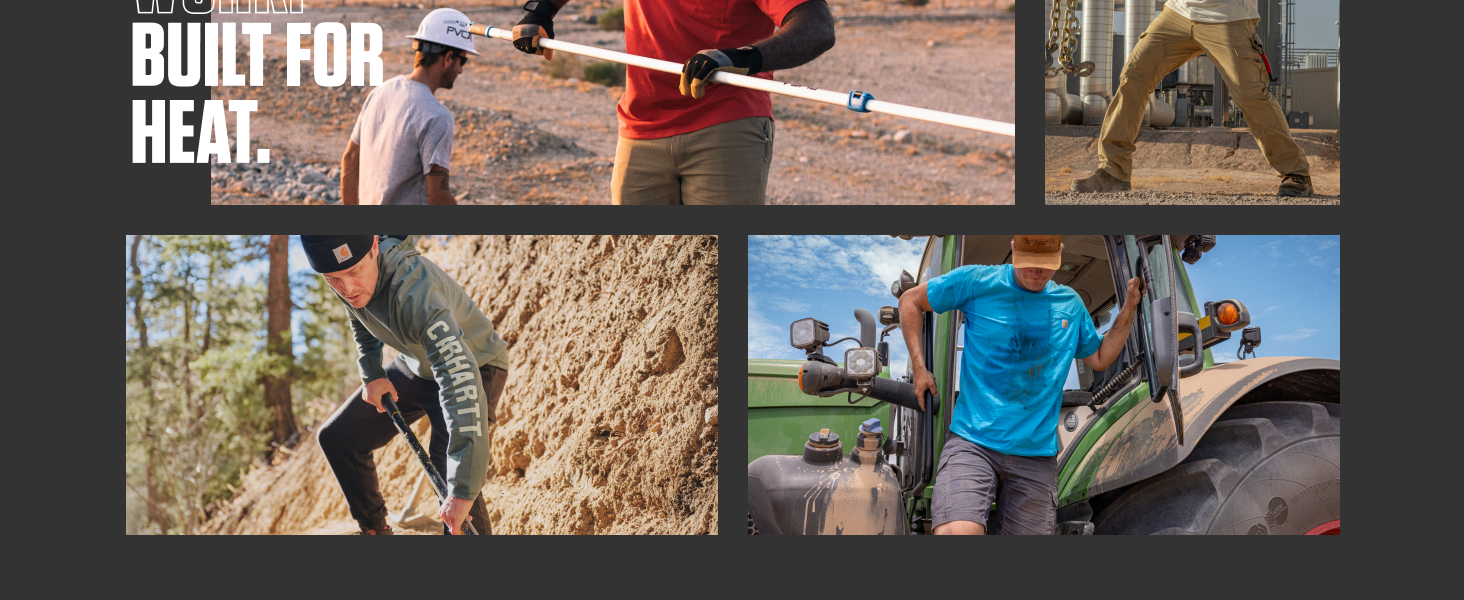 Collage of Men working outside in Force sweat-wicking fast drying pocket tee, t-shirt, work pants