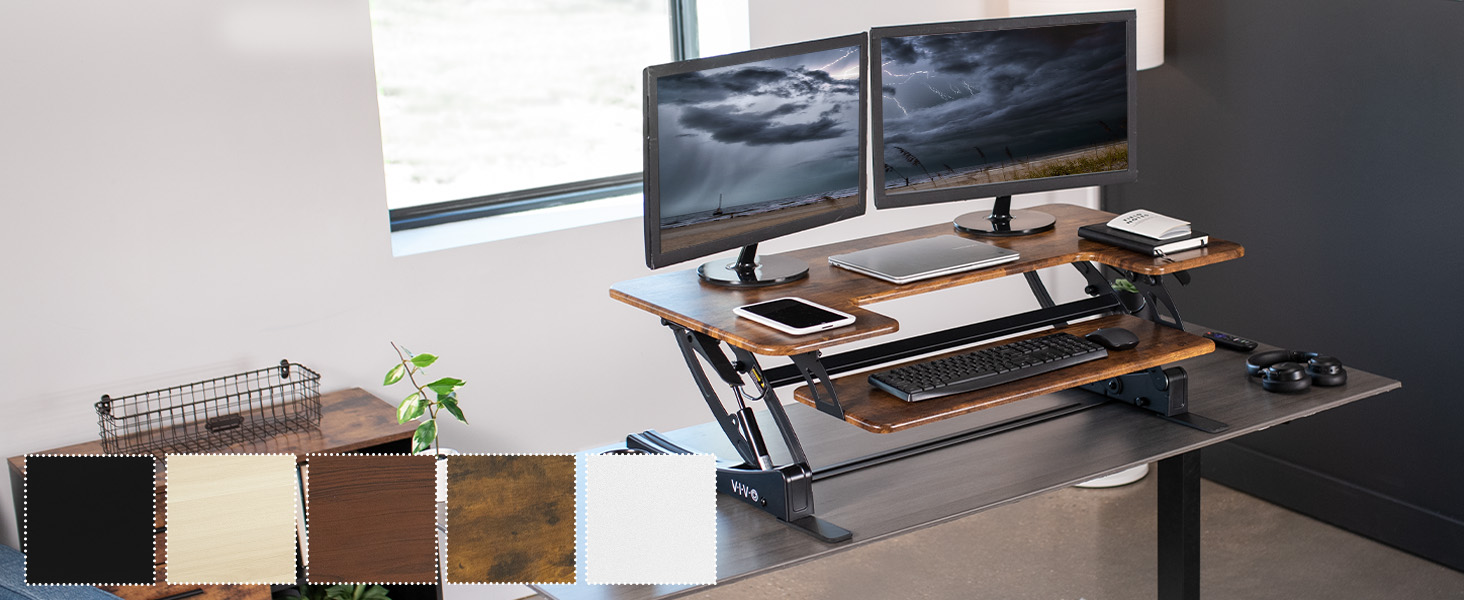 42 desk riser on grey desktop in home office setting