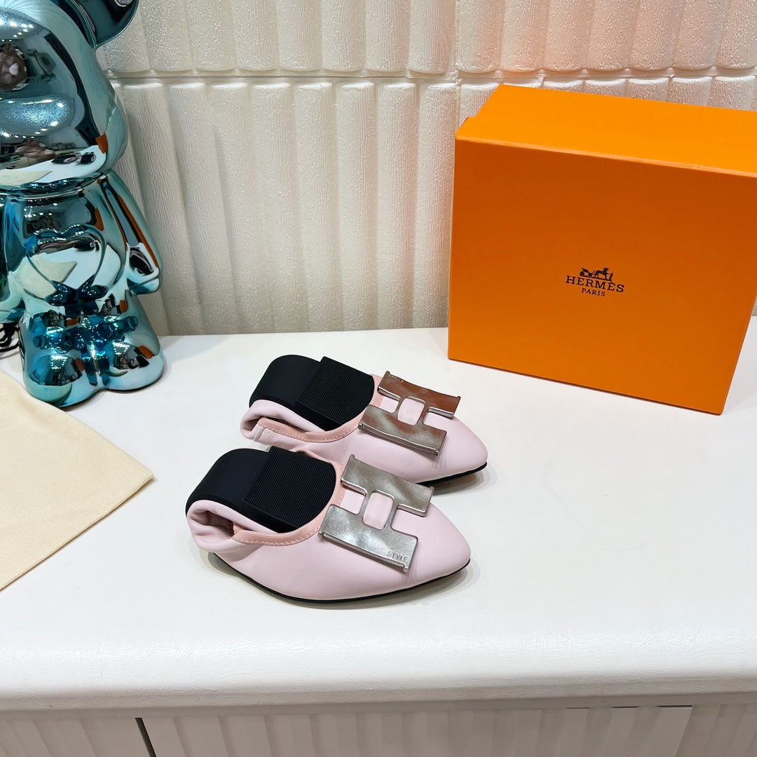 H-BUCKLE BALLLET FLAT LIGHT PINK CALFSKIN、mysite、Cacoeks