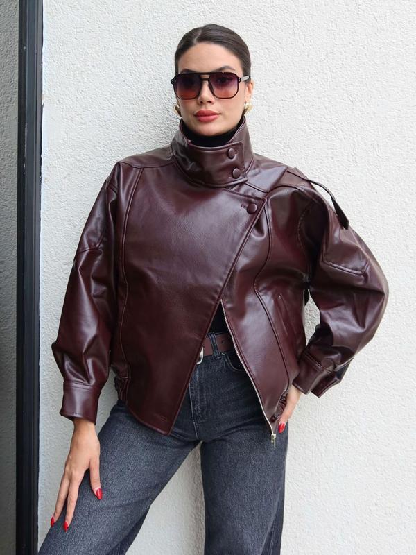 BB-2026 Hot Selling-Faux Leather Stand Collar Oversized Moto Jacket, Elastic Hem Streetwear, Casual Long Sleeve Water- and Wind-Resistant Outerwear for Spring & Fall, Ladies Clothes for Daily Wear, Chic Outerwear