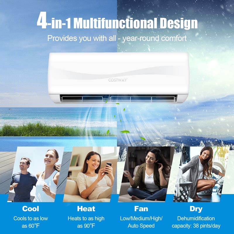 Eletriclife 9000 BTU Split Air Conditioner & Heater Wall Mount AC Unit with Remote Control