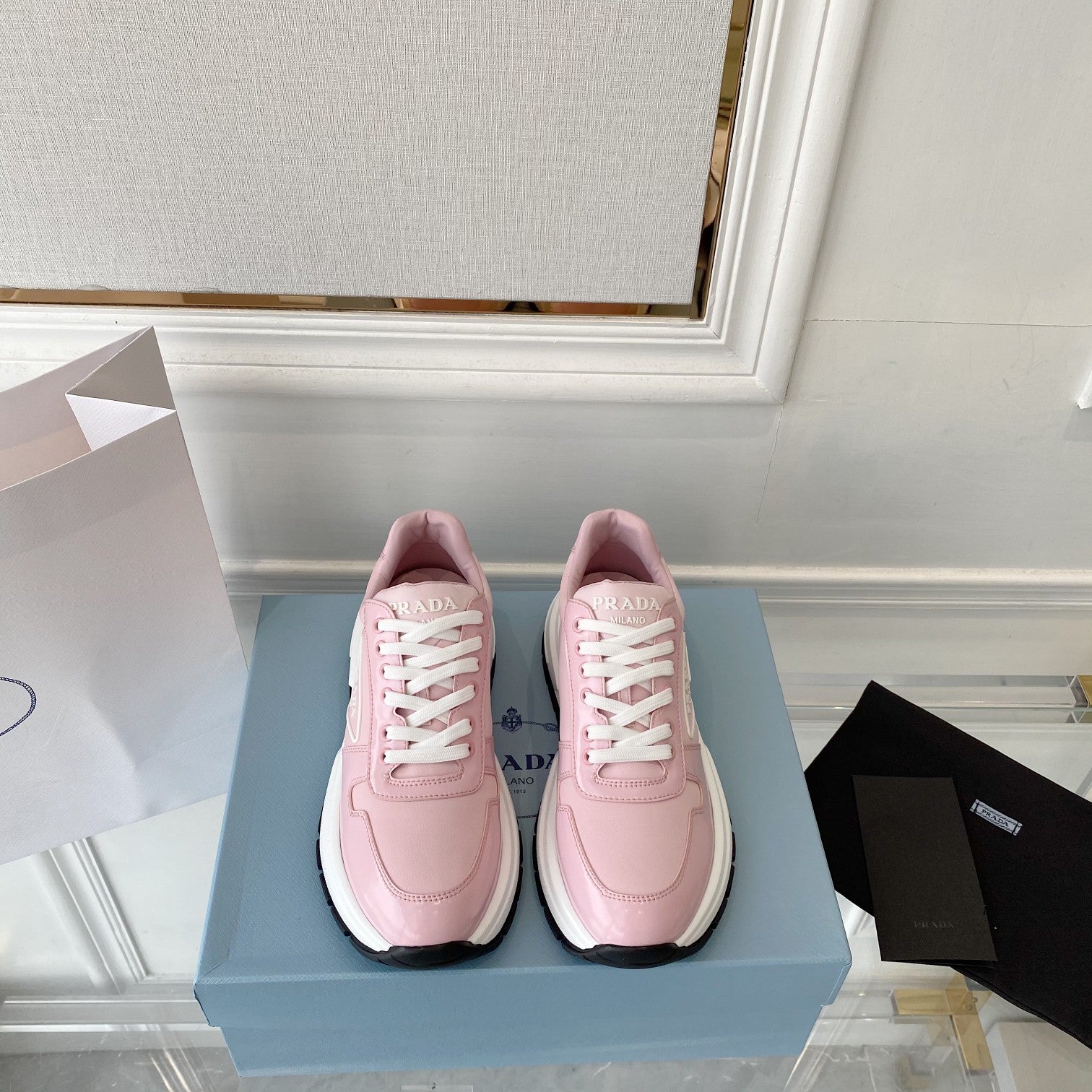 PRADA 25S THICK SOLE SNEAKER IN LIGHT PINK CALFSKIN AND CANVAS、mysite、Cacoeks