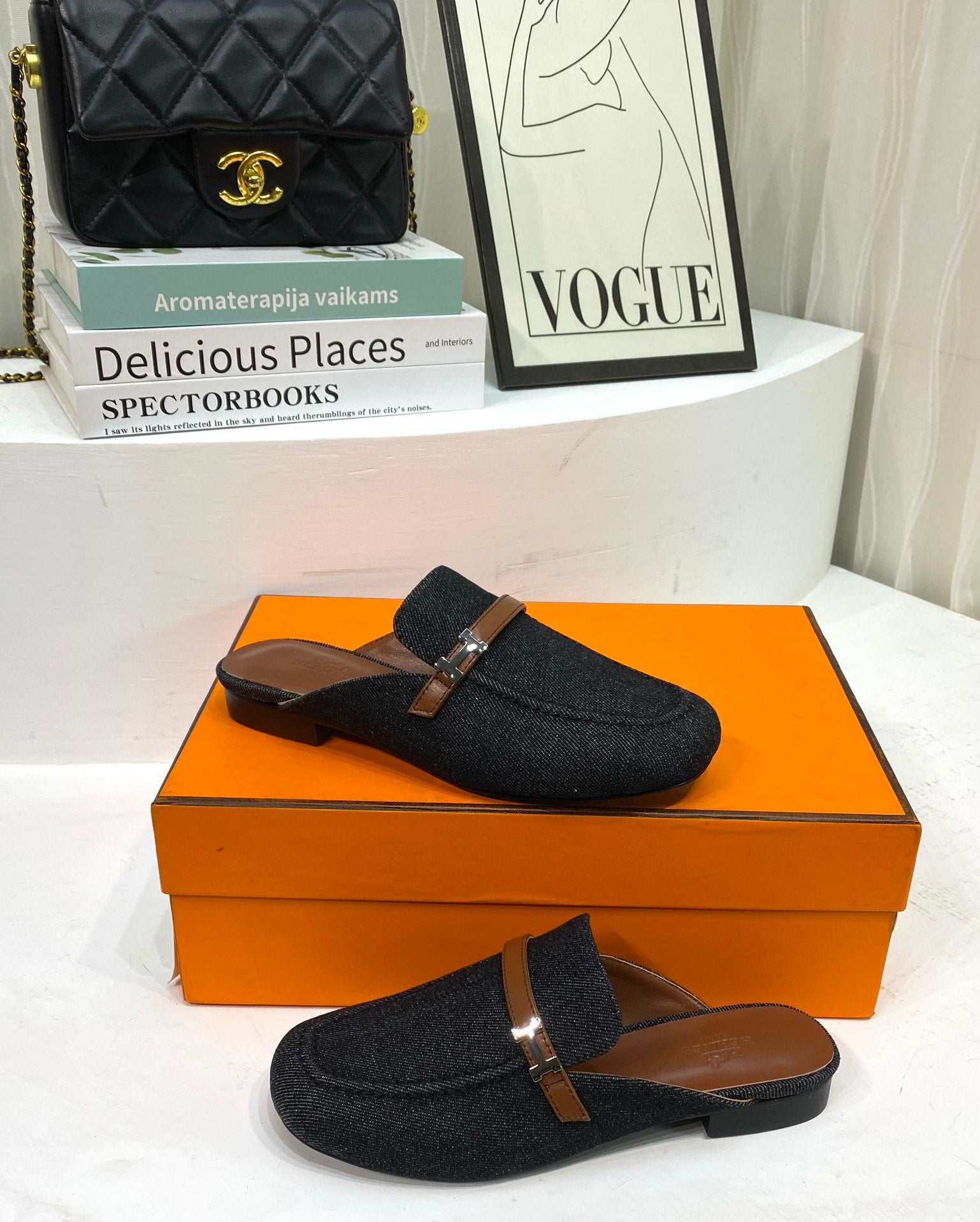 IENA MULE BLACK CANVAS AND BROWN CALFSKIN、mysite、Cacoeks