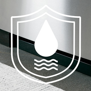 An icon that denotes "Active Flood Protect" is shown over the bottom of the dishwasher to symbolize prevention of potential overflows.