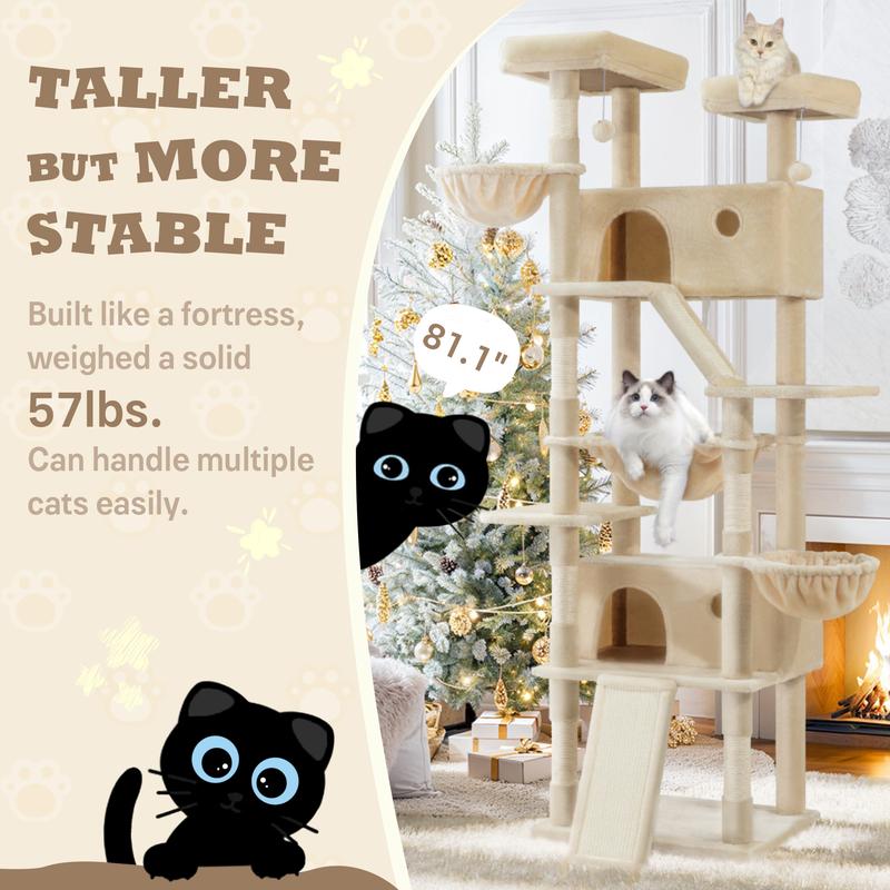 SHA CERLIN 81in/63in Multi-Level Tall Cat Tree Tower with Hammock & Sisal Scratching Posts Larger Cat Condo Furniture for Multi-Cat Play & Rest #ChristmasGifts#TikTokShopBlackFriday