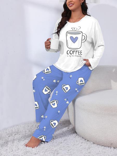 Plus Size Heart Coffee Letter Print Comfortable 2-Piece Pajama Set, Long Sleeve Top & Pants, Casual Fitted Sleepwear for All Seasons