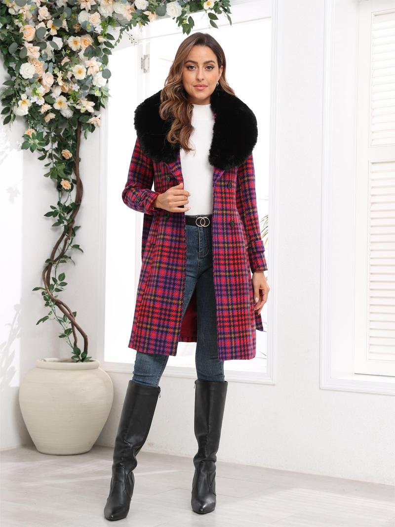 Women's Plaid Print Double Button Belted Woolen Coat, Casual Long Sleeve Collar Outerwear for Fall & Winter, Ladies Clothes for Daily Wear, Casual Fashionable Jacket