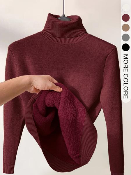 Women's Solid Thermal Lined Drop Shoulder High Neck Sweater, Casual Solid Long Sleeve Jumper For Daily Outdoor Wear, Women Knit Top for Fall & Winter