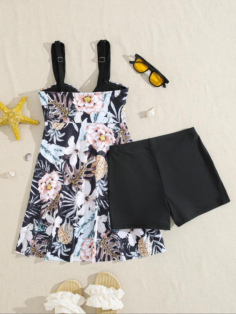 Women's Plant Print V-Neck Swimdress & Bottom Set, Casual Sleeveless Tankini Top & Shorts Two-piece Swimsuit for Beach Holiday Vacation, Ladies Swimwear for All Seasons