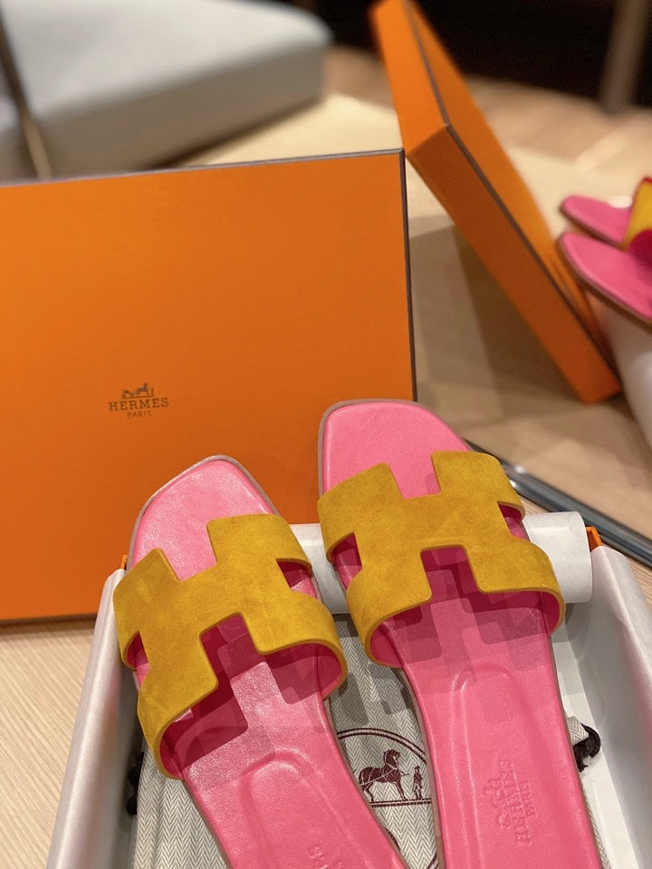 0RAN SANDALS IN DIJON YELLOW SUEDE AND DEEP PINK CALFSKIN、mysite、Cacoeks
