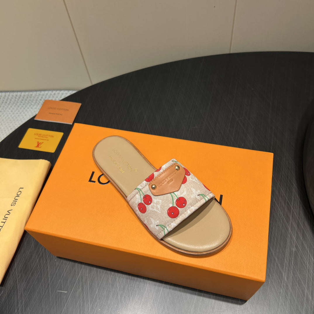 LV SLIDE SANDALS 25S IN BEIGE DENIM AND CALFSKIN WITH LOGO PRINT、mysite、Cacoeks