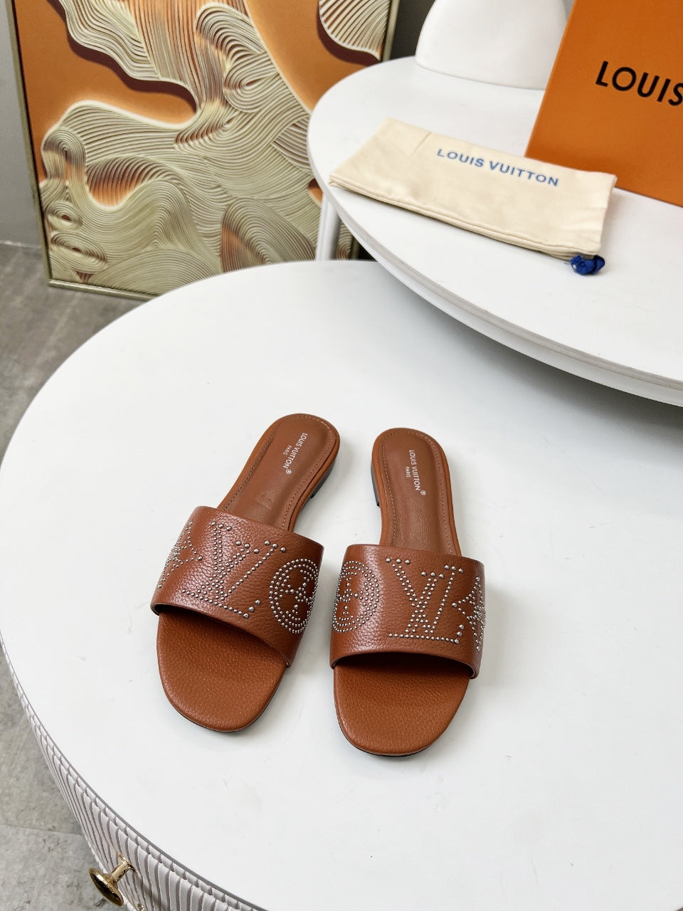 FLAT SLIDE IN BRONZE BROWN LAMBSKIN WITH RHINSTONES、mysite、Cacoeks