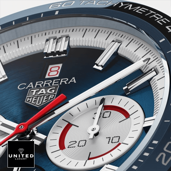 Tag Heuer Carrera Blue Dial Red Second Han Tachymetre Blue Bezel Replica close view