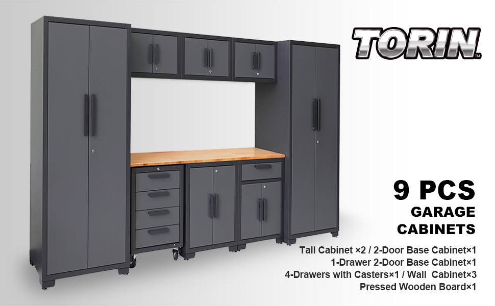 Torin 9 Piece Garage Cabinets Storage System: Workshop Cabinet Set Including Steel Cabinets Black