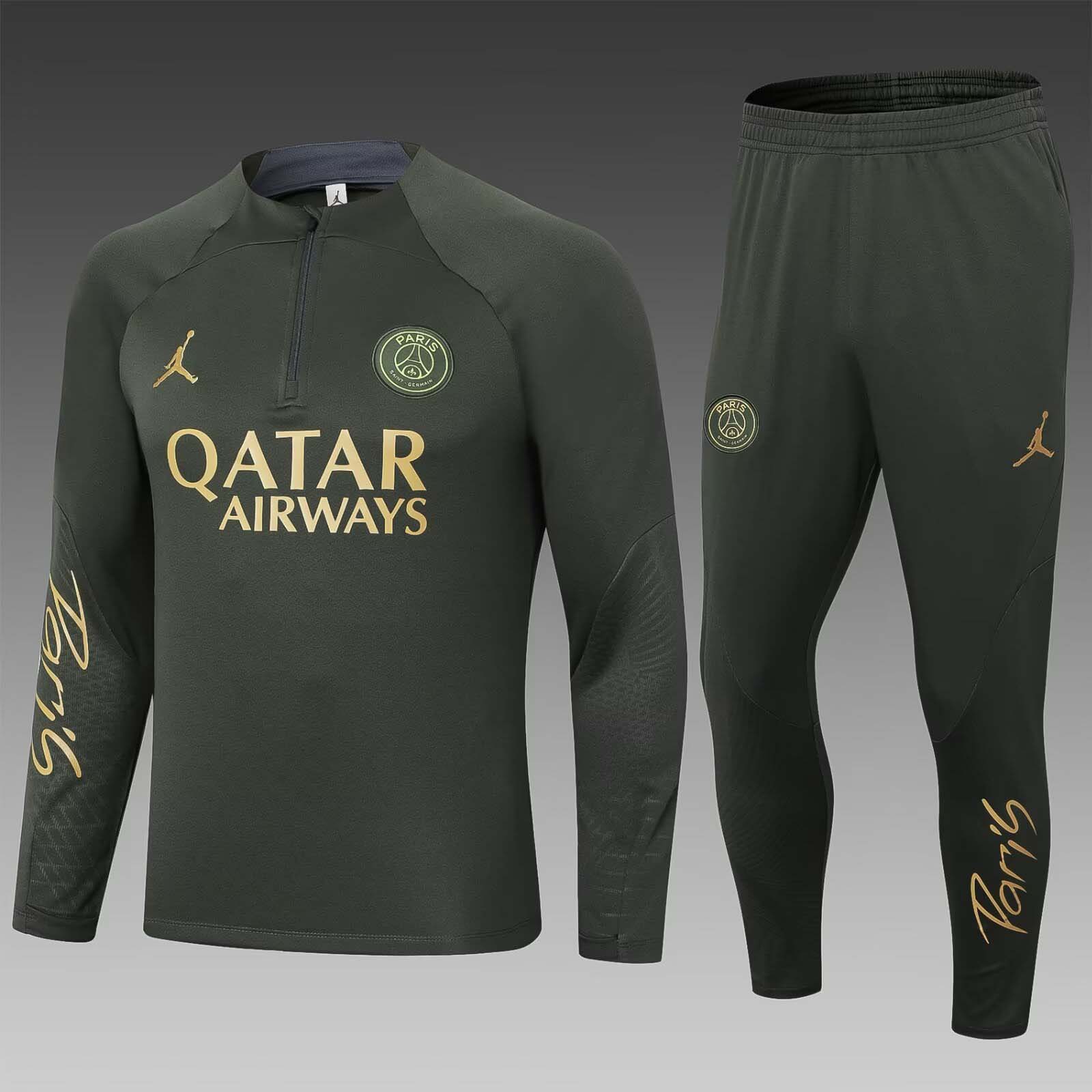 2023/2024 Psg Paris Saint-Germain Half-Pull Training Suit Army green Set:football jersey mysite: unitedjerseyfootball 邓江浪:football
