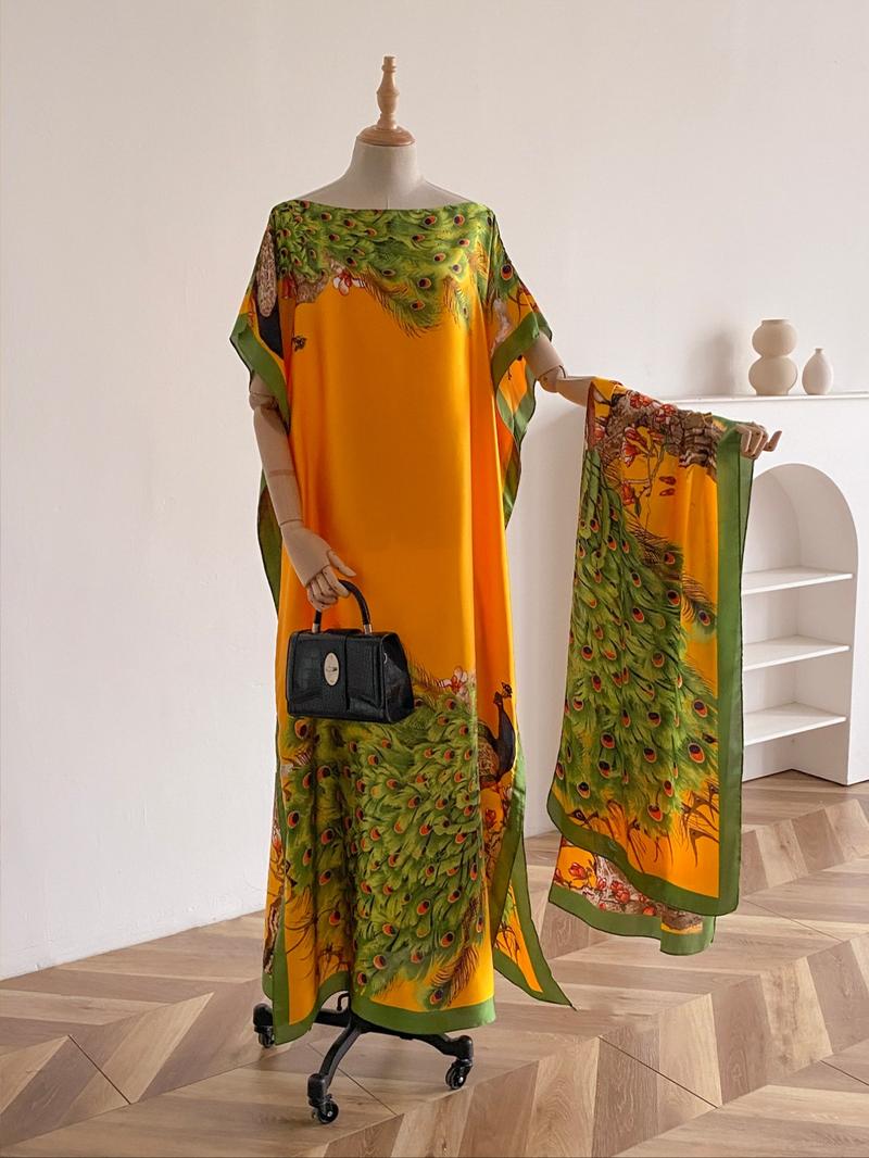 Women's Peacock Print Cape Shawl & Scarf Set, Elegant Beach Cover-Up For Holiday Vacation, Swimwear Coverups