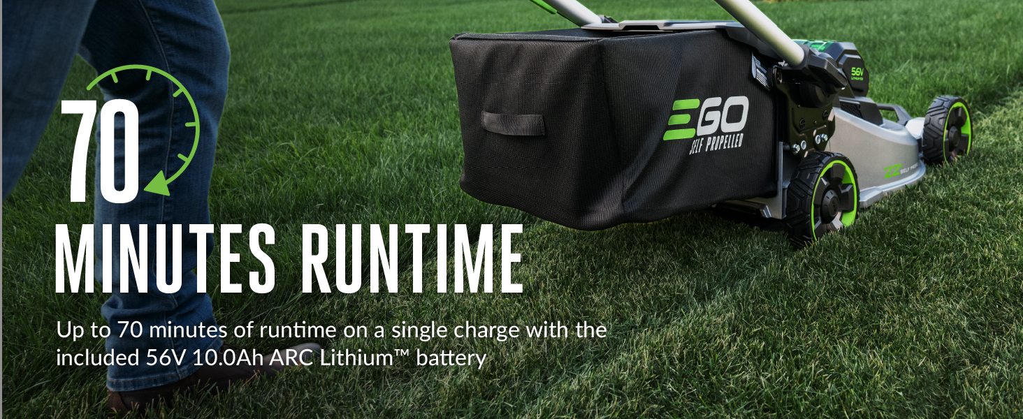 man with a full grass bag to show that it can cut continuously for 70 minutes