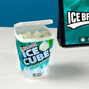  Ice Breakers Ice Cubes wintergreen flavored gum on a desk