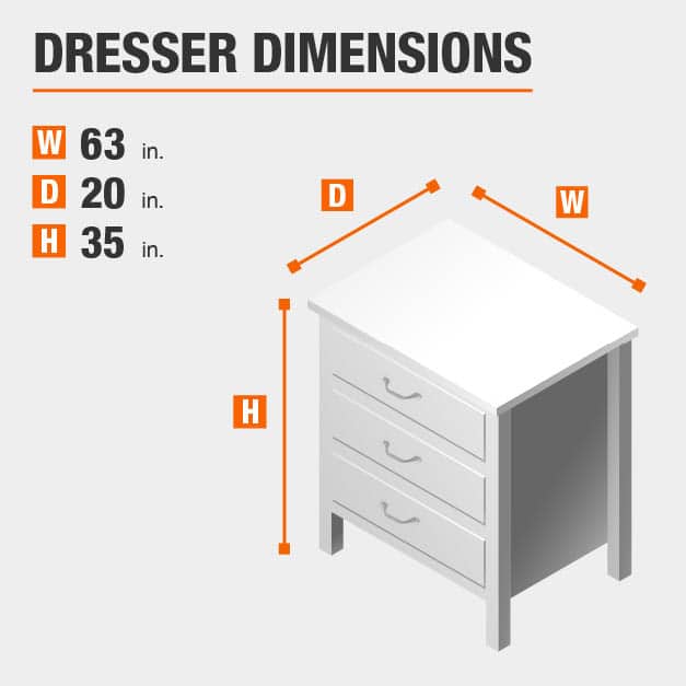 Dresser Dimensions of 63 inches wide, 20 inches deep, 35 inches high.