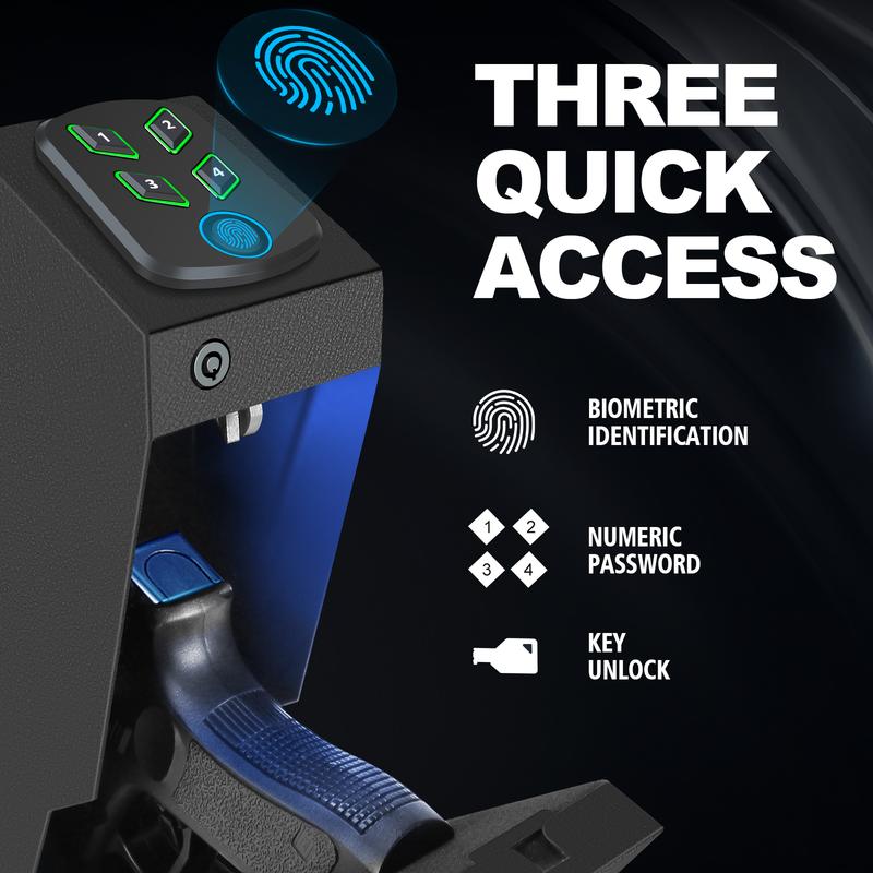 Product Introduction of Biometric Mounted Gun Safe for Nightstand, Desk, Bed Side, Wall,Truck - Auto Open Hidden Handgun Safe-with Fingerprint, 4-button Backlit Keypad, KEY lockbox bedside safe hidden safe 2