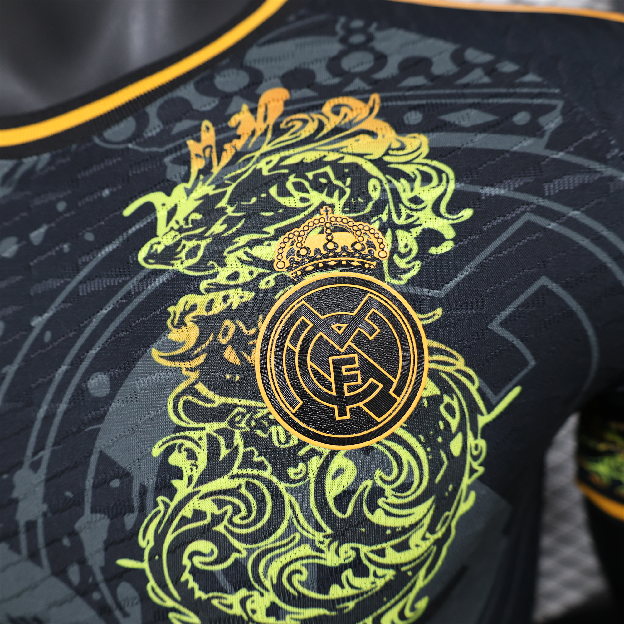 JerseysGala.com | Real Madrid 24-25 Yellow Loong Black Special Edition Jersey - Player Version -Customize Name, Number and Patch | Worldwide Shipping