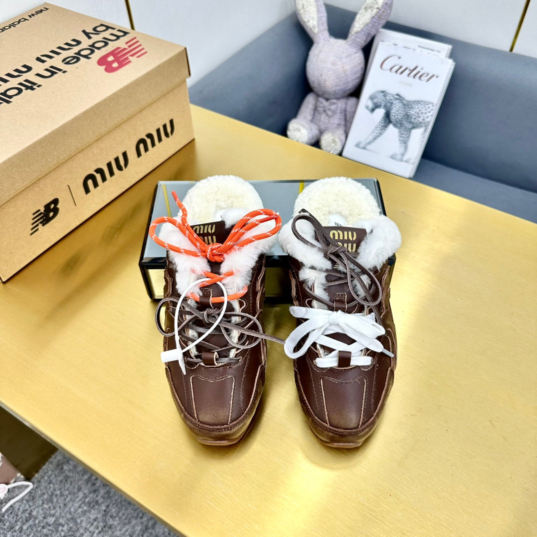 MIUxNB 530 SNEAKER MULES IN BROWN CALFSKIN SHEARLING、mysite、Cacoeks