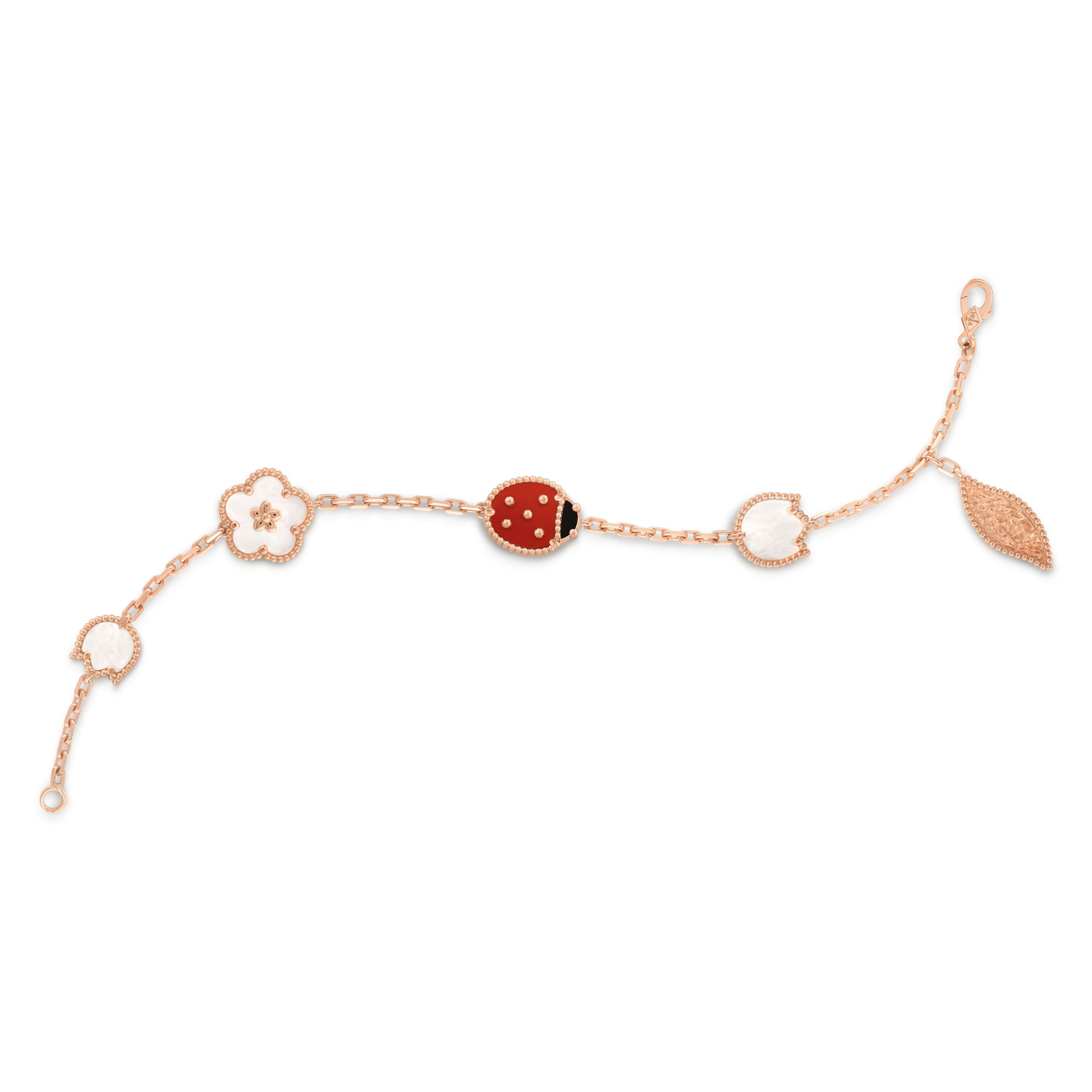 ラッキー スプリング ブレスレット、5 モチーフ, ローズ ゴールド, オニキス:1 石, カーネリアン:1 石, マザー オブ パール:3 石, Open, Jewelry Bracelet