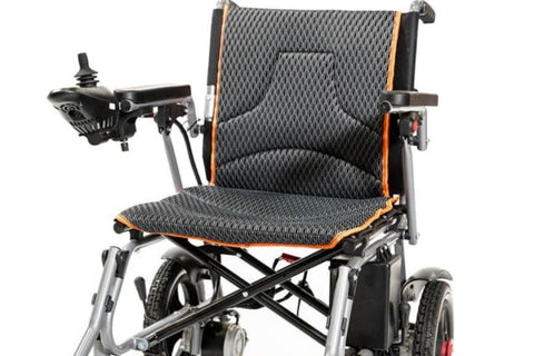 eVolt Traveler Power Chair showcasing its ultra-lightweight design and compact dimensions for easy transport.