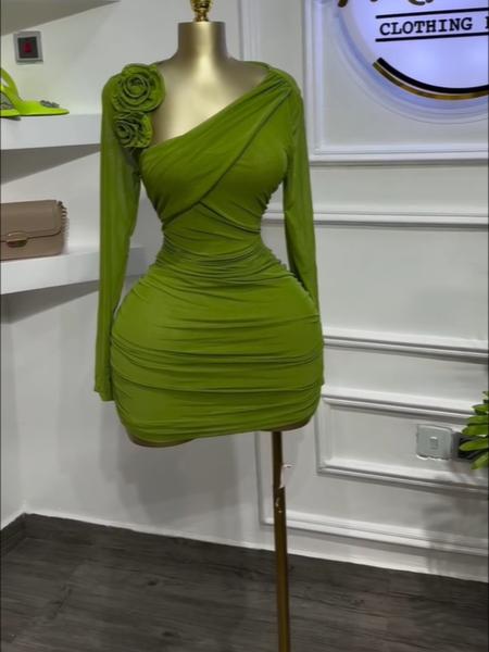 Women's Long Sleeve Floral Aqqlique Bodycon Midi Stacked Ruched Dress, Asymmetrical Neckline Party Birthday Dresses, Holiday Vacation Clothes for woman, Back To School, Education Cocktail Prom Dresses, Elastic Mini Dress, Green Dress, Red Dresses