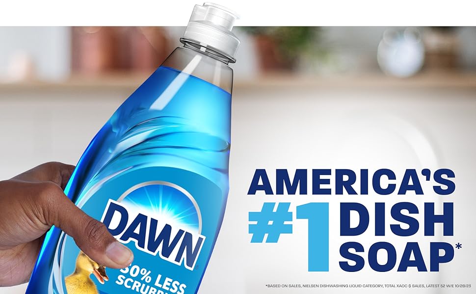 hand holding blue dawn dish soap bottle with text that says america's #1 dish soap