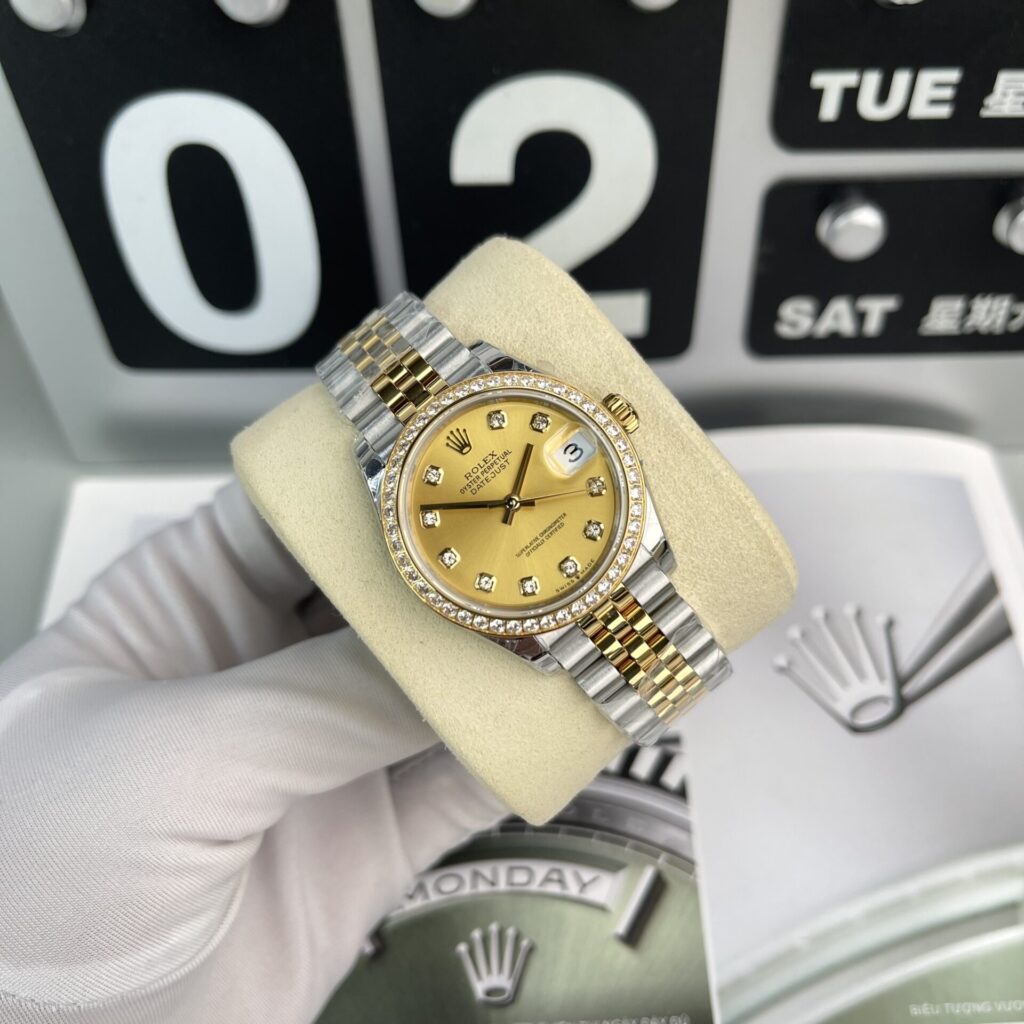 Đồng Hồ Rolex DateJust Nữ Đính Đá Mặt Vàng Champagne EW Factory 31mm (1)