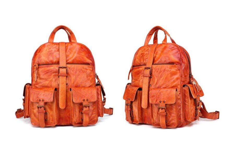 Color Yellow Brown Display of Woosir Backpack Vintage Genuine Leather
