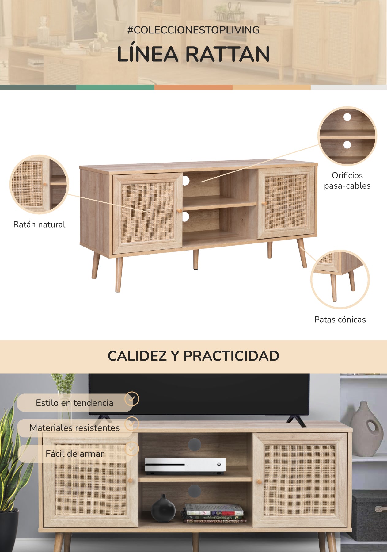 Mueble para TV con Estantes y Puertas de Ratán