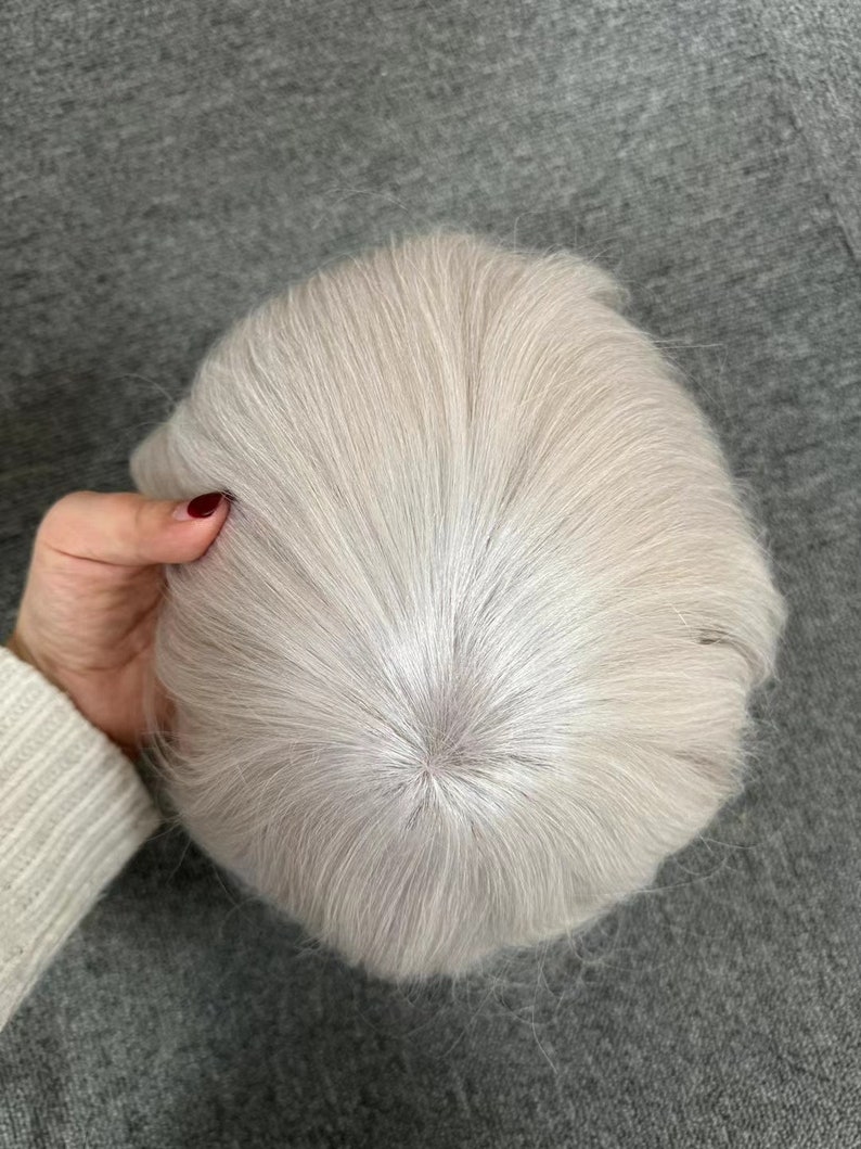 Top Quality Real Slavic Hair Thin Skin Mens Toupee Invisible Knots, 100% Gray Hair 7x9'' PU Base European Virgin Hair System image 1