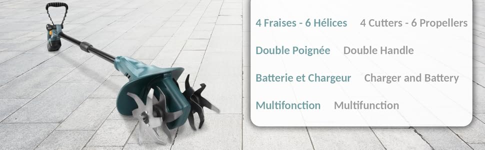 Motobineuse Maniable Pratique Professional Double Poignée Ergonomique Battery & Chargeur Inclus