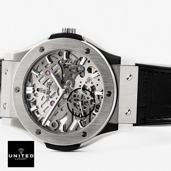 Hublot Classic Skeleton Replica hublot classicfusion 505.nx .0170.lr replica tiltedleft Hublot Classic Fusion Stanless Steel Case Black Rubber Bracelet Replica white background