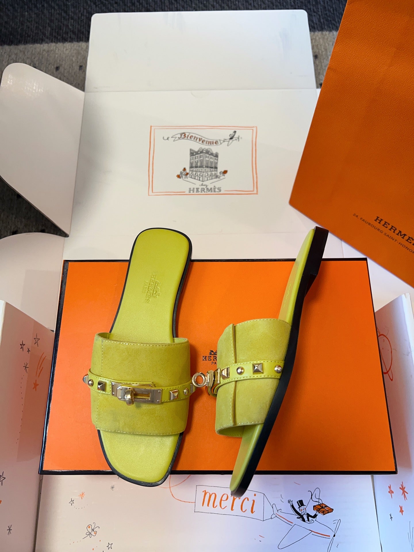GIULIA FLAT SANDAL IN NEON YELLOW SUEDE、mysite、Cacoeks
