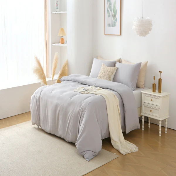 纯色三件套 不含填充物 枕套*2 (51cm*66cm)+被套*1 (229cm*229cm) Queen Size 胖被3件套 灰白-25
