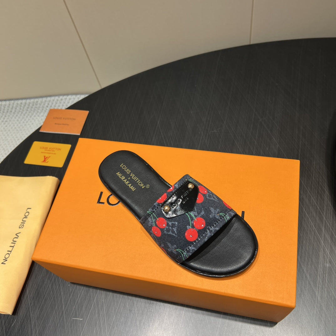 LV SLIDE SANDALS 25S IN BLACK DENIM AND CALFSKIN WITH LOGO PRINT、mysite、Cacoeks