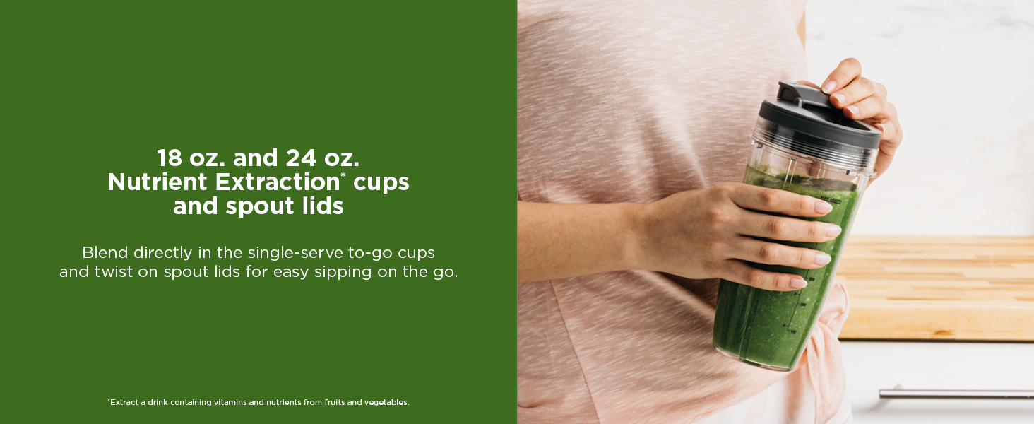 Blend directly in the single-serve to-go cups and twist on spout lids for easy sipping on the go.