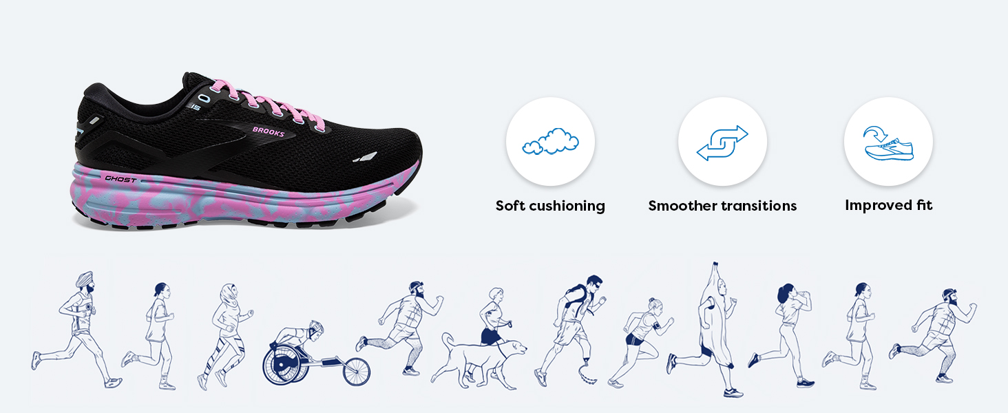 side profile of shoe atop a cartoon character strip of different road runners
