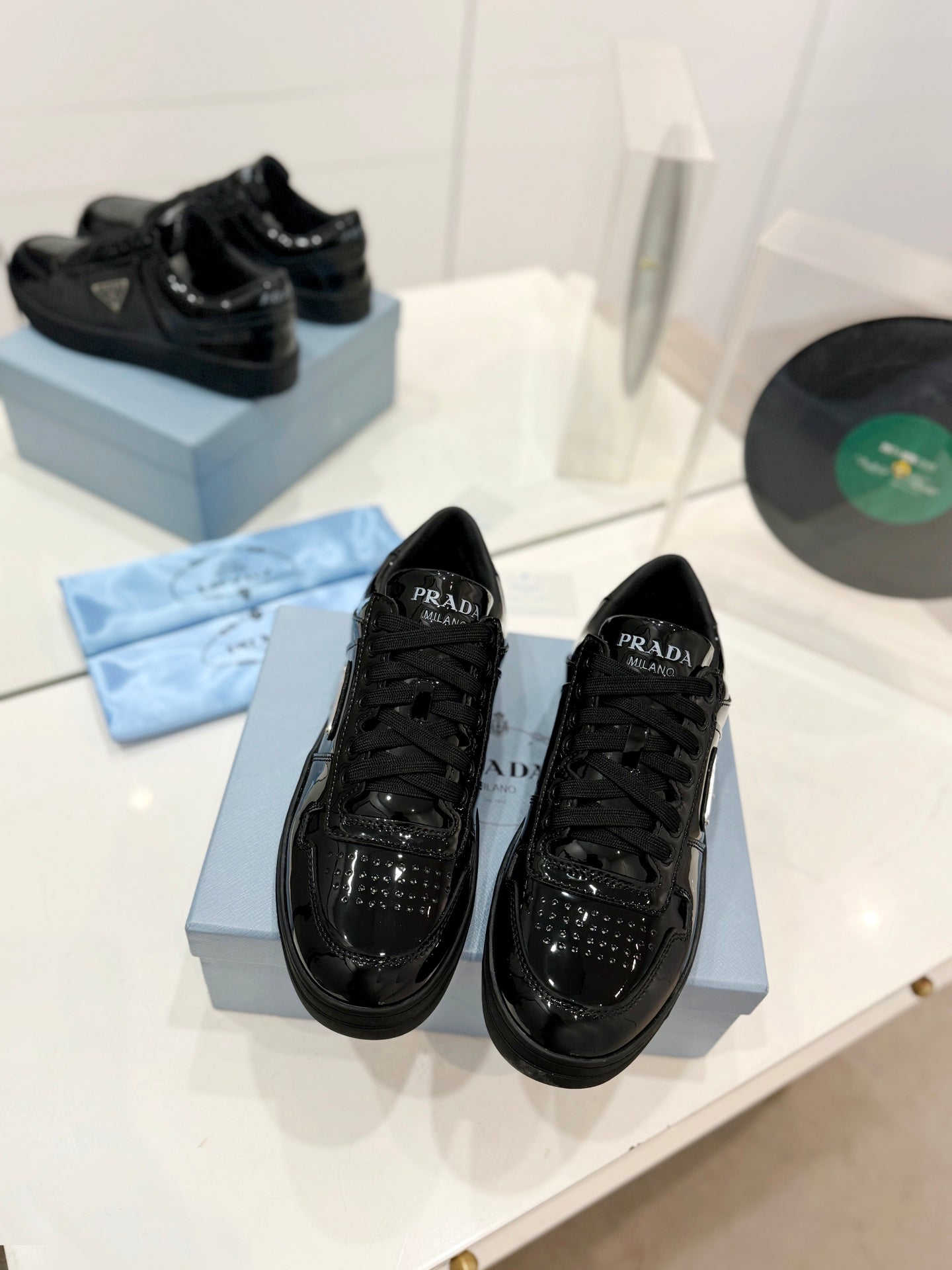 PRA DOWNTOWN PERFORATED SNEAKERS GLOSSY BLACK CALFSKIN、mysite、Cacoeks