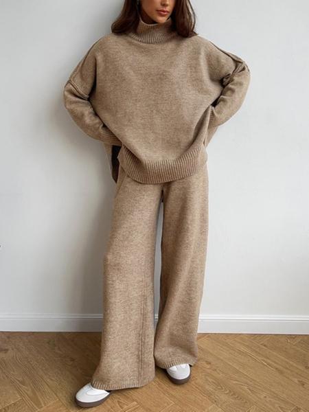 Women's 2 Pcs Sweater Set Autumn/Winter Long Sleeve Turtle Neck Drop Shoulder Solid Color Pullover Sweater and Wide Leg Pants, Women Fall Outfits, Winter 2 Piece Sweater Set, Women Pants Sweater Set, Fall Loungewear Set, Casual Sweater Set