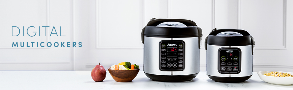 2 Digital multicookers - two digital multicooker appliances sit on a marble counter