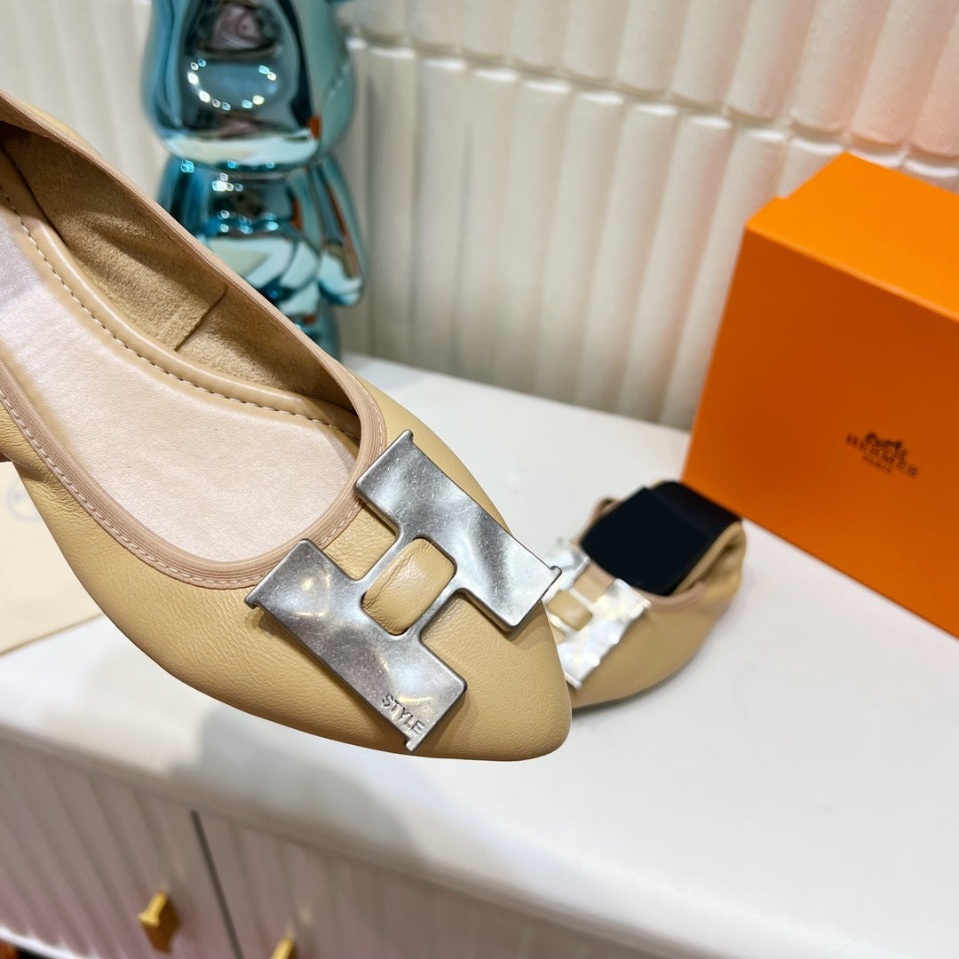 H-BUCKLE BALLLET FLAT BEIGE CALFSKIN、mysite、Cacoeks