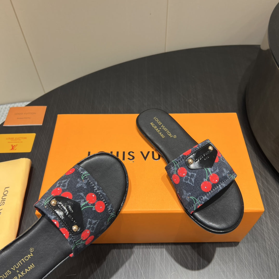 LV SLIDE SANDALS 25S IN BLACK DENIM AND CALFSKIN WITH LOGO PRINT、mysite、Cacoeks