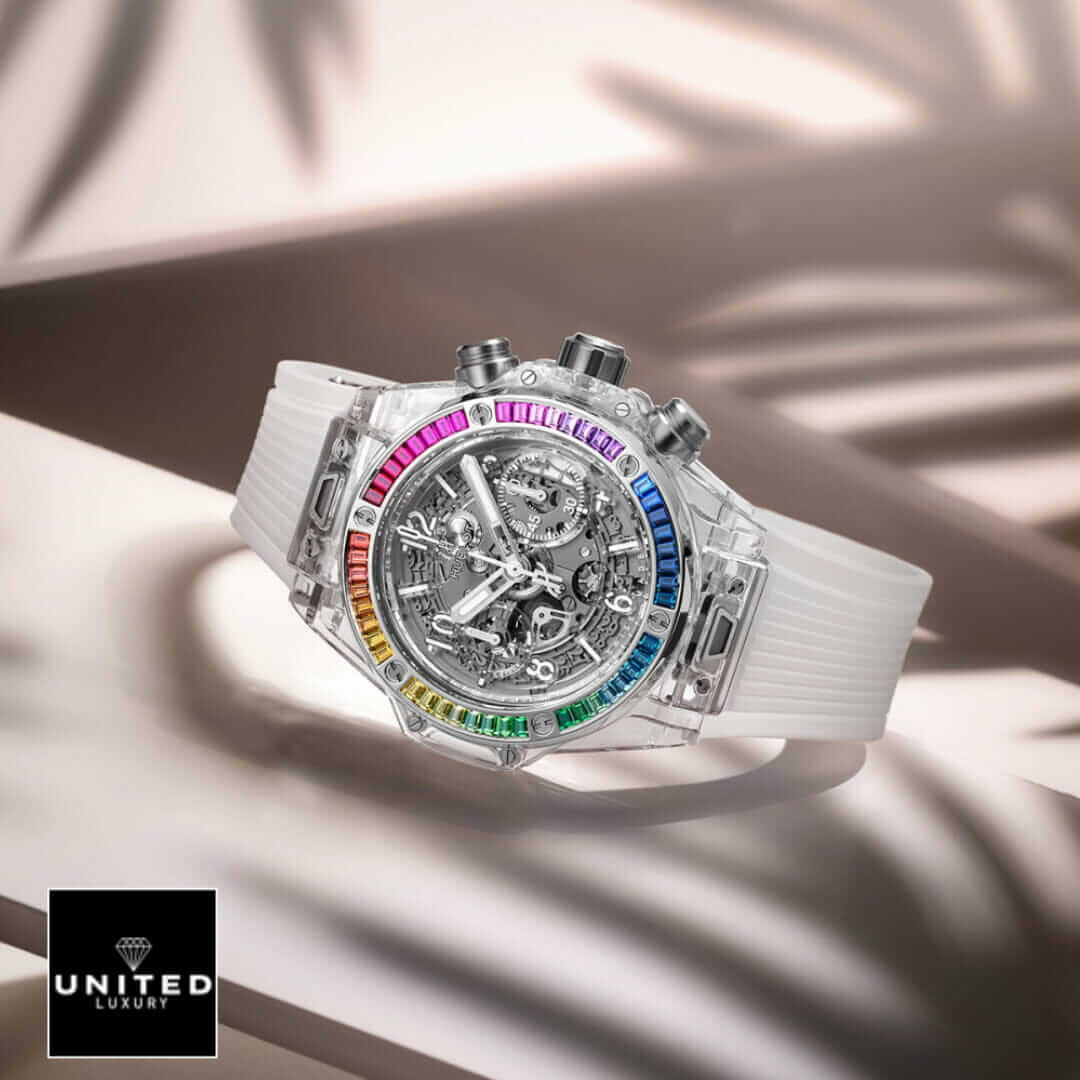 Hublot Rainbow Watch Replica Yeni Proje 4 2 Hublot Big Bang Rainbow 441.JX.4802.RT.4099 White Rubber Bracelet Replica side view