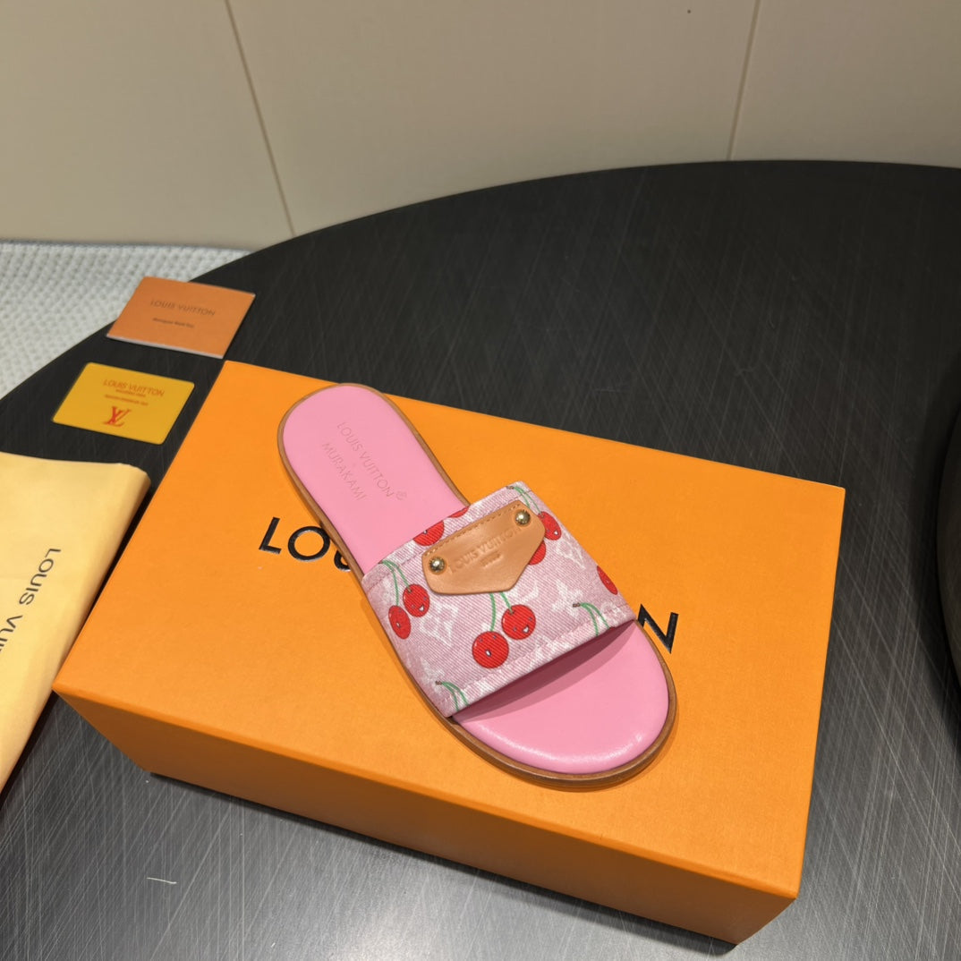 LV SLIDE SANDALS 25S IN PINK DENIM AND CALFSKIN WITH LOGO PRINT、mysite、Cacoeks