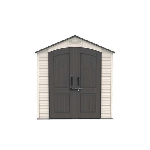 Frontal view of the Lifetime 7 x 7 ft Outdoor Storage Shed showcasing the gray doors and beige walls.